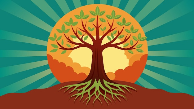 Vector een beeld van een boom met diepe wortels en takken die naar de zon reiken en het samenspel symboliseren