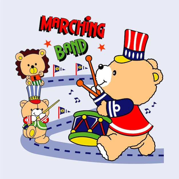Een beer die drumt met de woorden marching band op itdesign cartoon vectorillustratie