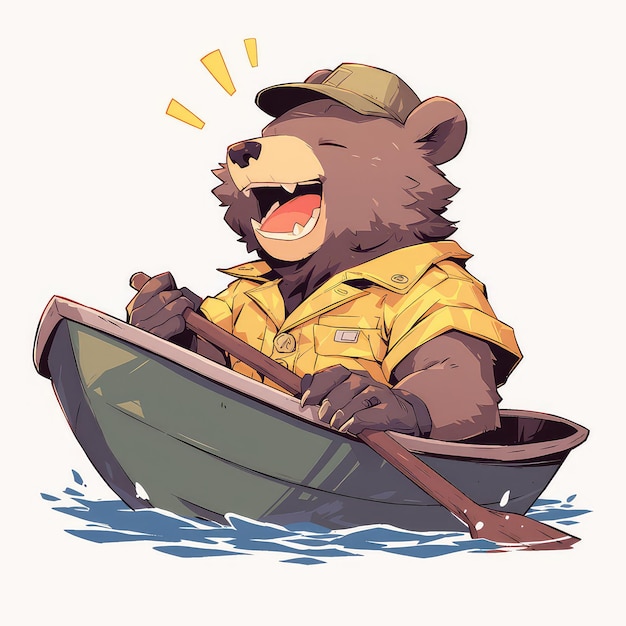 Een beer in een roeiboot cartoon stijl