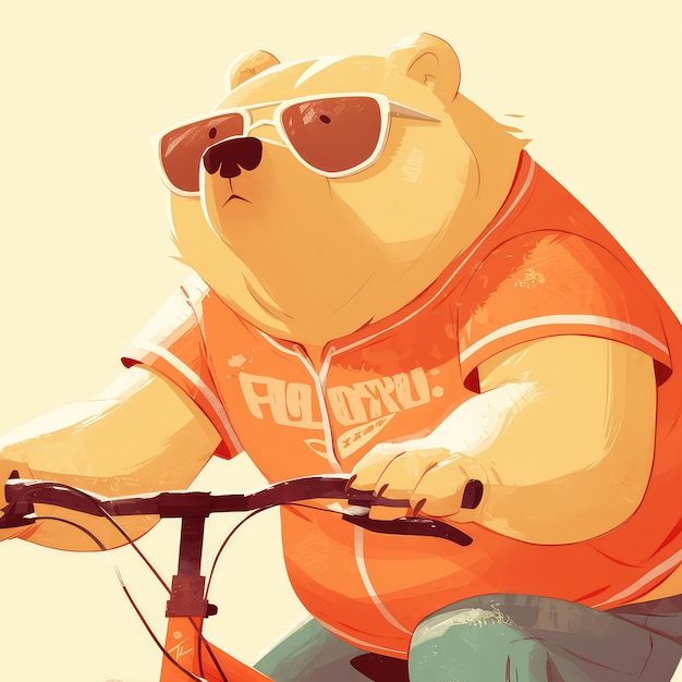 Een beer rijdt op fiets in cartoon stijl.