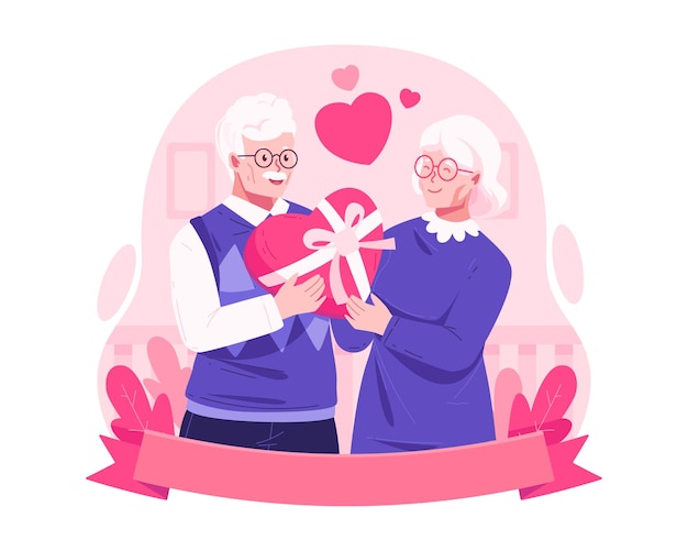 Vector een bejaard echtpaar viert valentijnsdag met een hartvormige cadeau doos