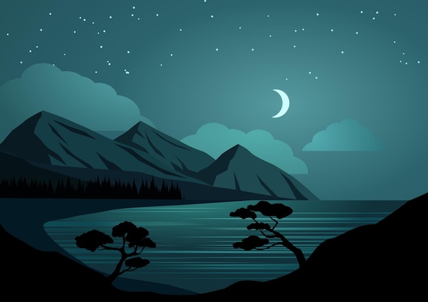 Een bergmeer met een maan en sterren aan de nachtelijke hemel
