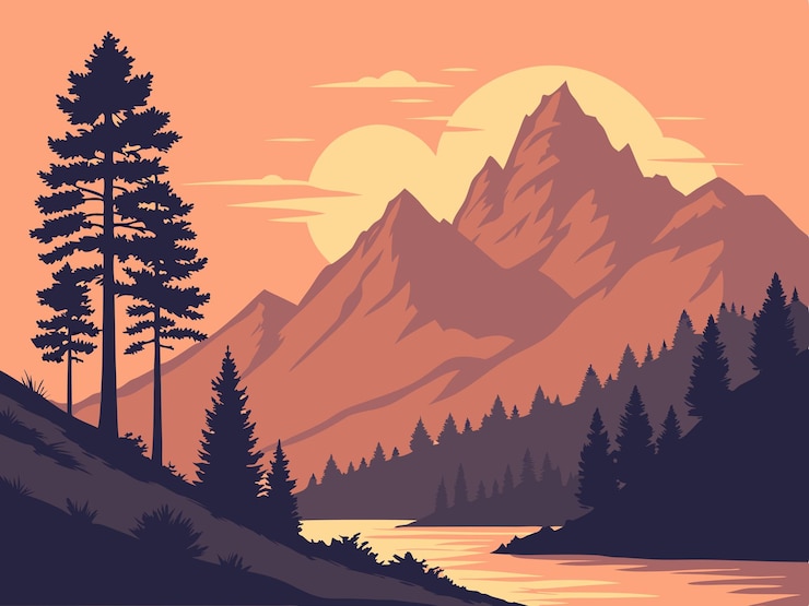 Vector een bergmeer met een zonsondergang op de achtergrond