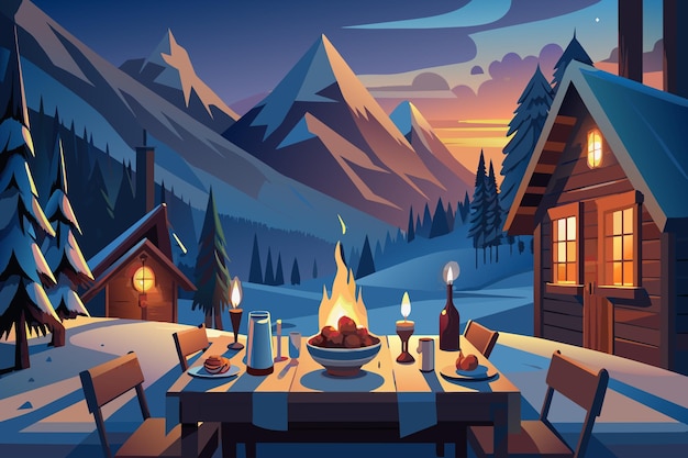Een bergscène met een hut en een tafel met eten erop.