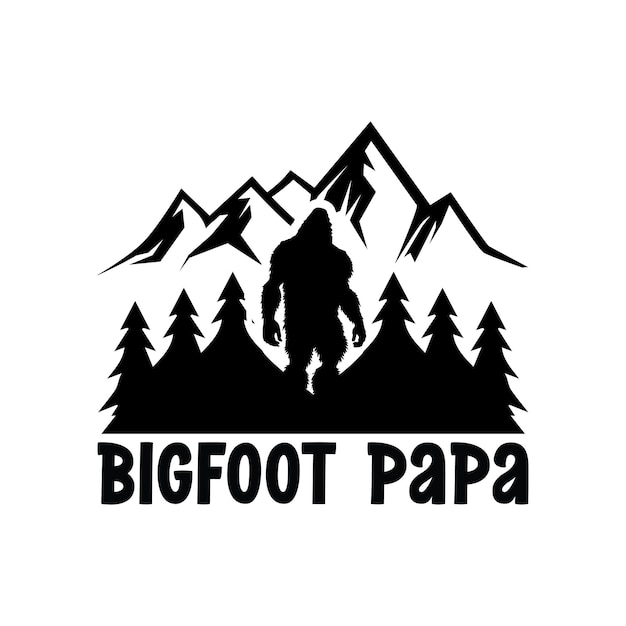 Een bigfoot papa-logo met bergen en bomen