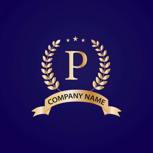Een blauw en goud logo met de letter p erop P merklogo