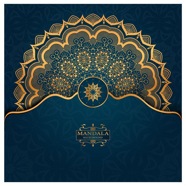 Een blauw met gouden poster met een mandala-ontwerp erop.