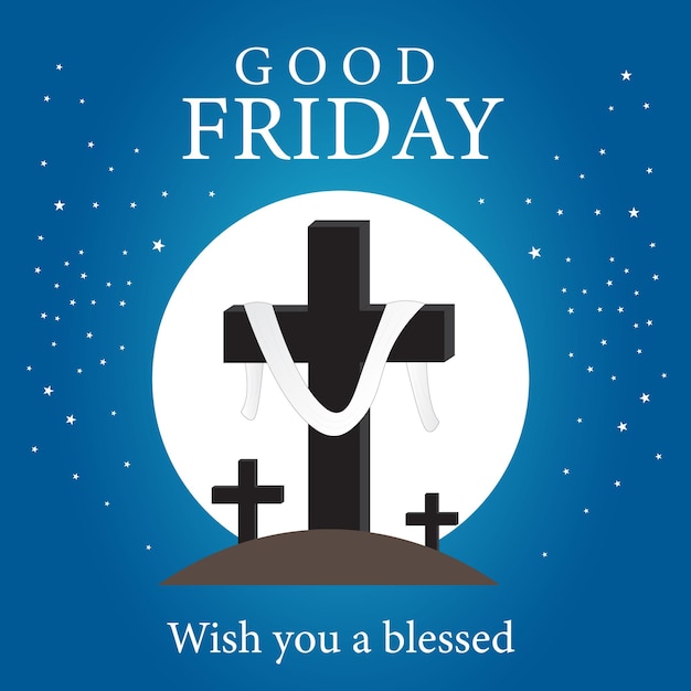 Een blauwe achtergrond met een kruis en de woorden goede vrijdag.