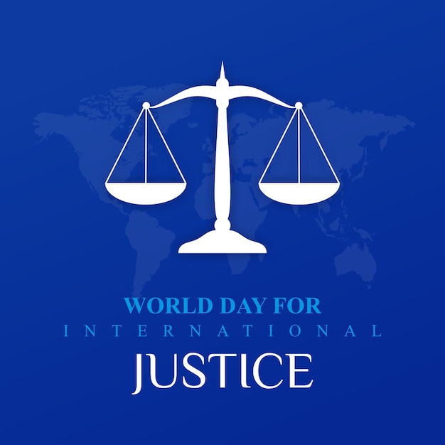 Een blauwe achtergrond met een symbool voor werelddag voor internationale gerechtigheid.