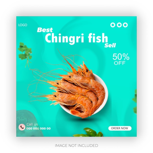 een blauwe advertentie voor sushi reclameert een verkoop van zeevruchten
