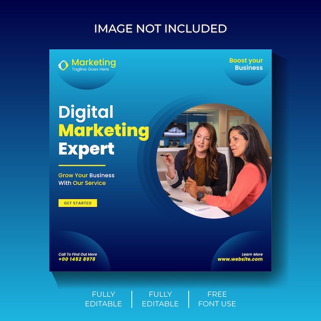 Een blauwe en blauwe poster voor expert op het gebied van digitale marketing.