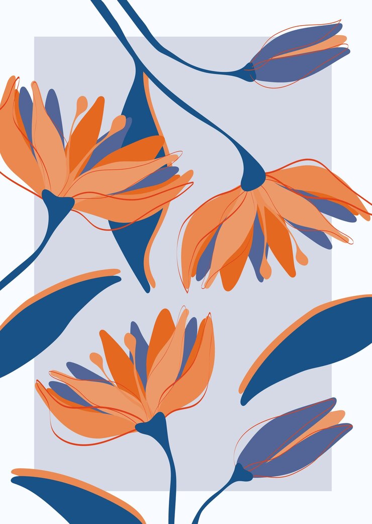 Vector een blauwe en oranje bloemige tekening van een bloem