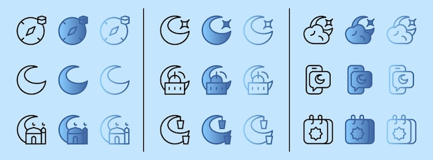 Een blauwe islamitische halve maan icon set