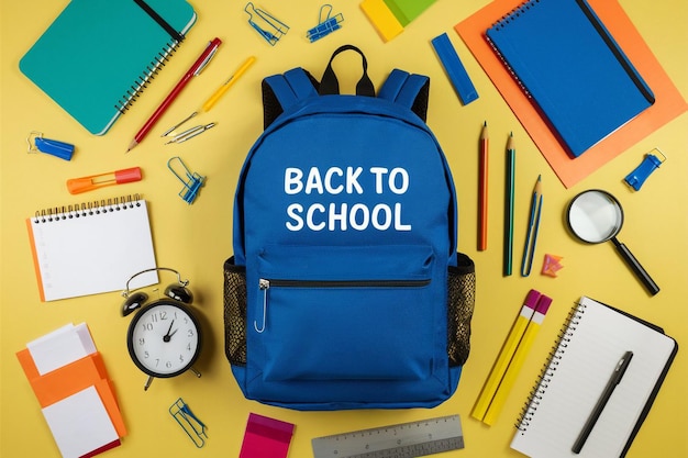een blauwe rugzak met de rug naar school erop geschreven