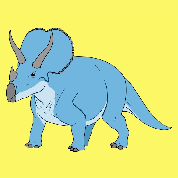 Een blauwe triceratops-dinosaurus met hoorns staat op een gele achtergrond