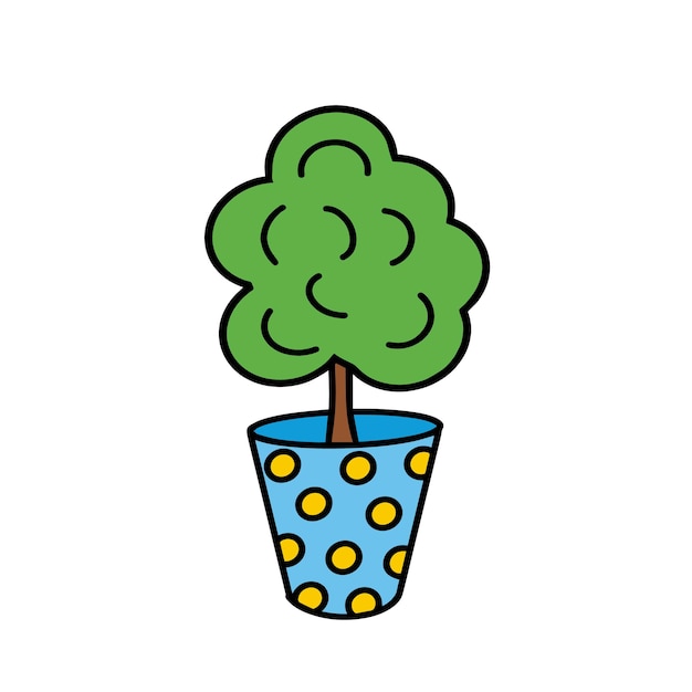 Een bloem in een blauwe pot Kamerplant Doodle style