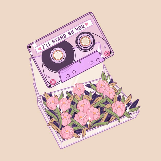 Vector een bloemrijke doos met de naam i'll stand by you van een cassettebandje