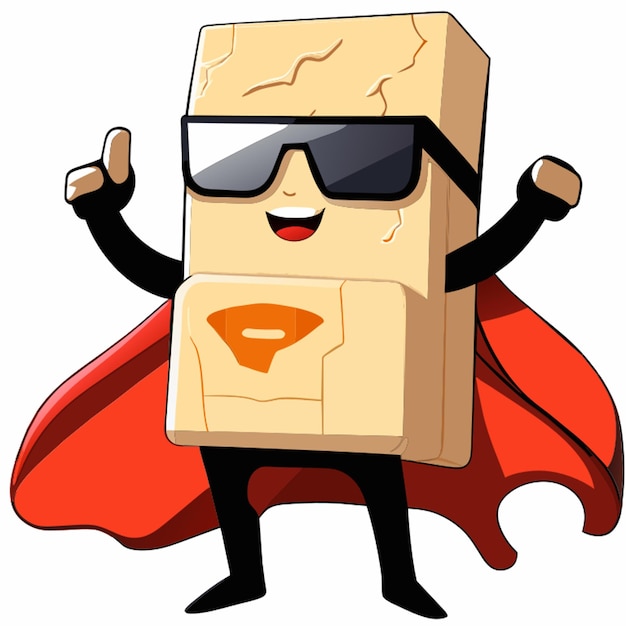 een blok tofu met een duim met een zonnebril en een superheld capein een witte achtergrond vector