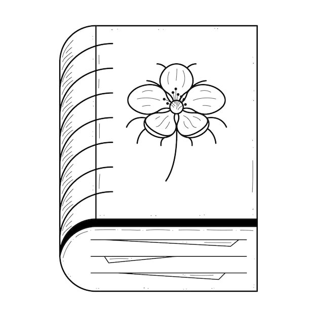Een boek met een bloem op de omslag is in zwart-wit getekend.