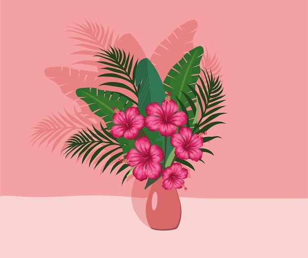 Een boeket bloemen hibiscus bloemen en tropische bladeren in een vaas op een roze achtergrond