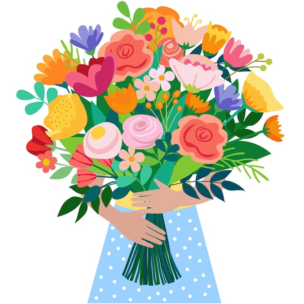 Vector een boeket bloemen in haar hand vector illustratie op witte achtergrond kleurige verschillende bloemen