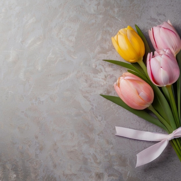 een boeket roze en gele tulpen met een wit lint
