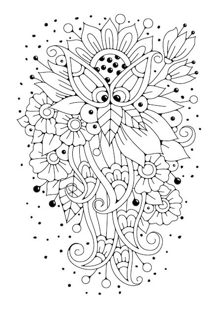 Een boeket van kleine en grote bloemen, bladeren en knoppen. Kleurplaat voor kinderen en volwassenen. Kunst therapie. Vector achtergrond om in te kleuren.