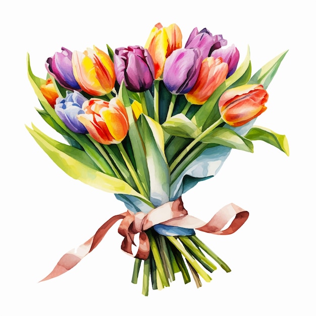 Een boeket veelkleurige tulpen met een rood lint