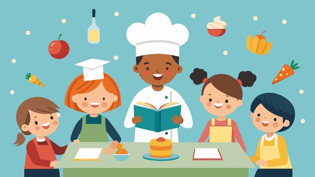 Vector een boekpresentatiefeest met een kookwedstrijd voor kinderen waarbij kinderen hun eigen creaties presenteren