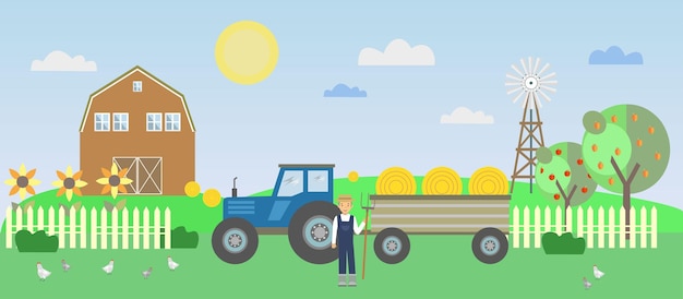 Een boer met een tractor op de achtergrond van de boerderij. vector illustratie.