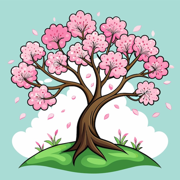 een boom met kersenbloesems erop en een foto van een kersenblom