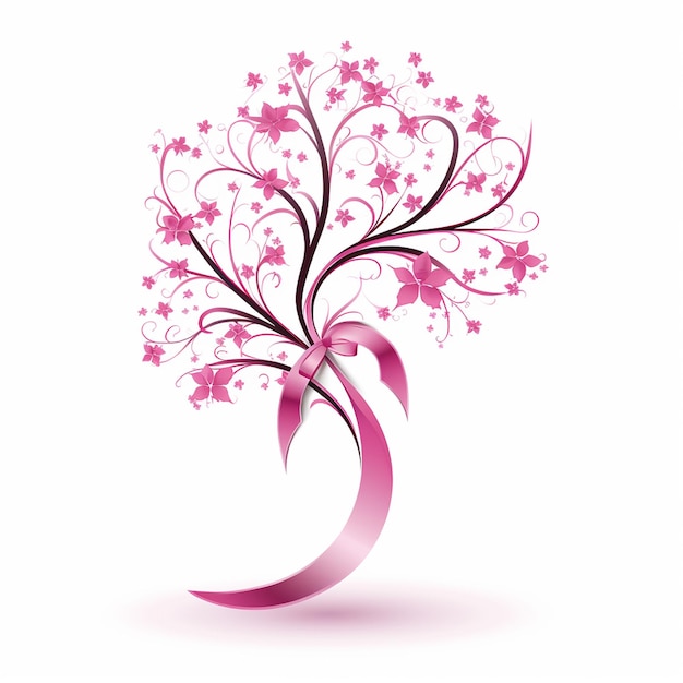 een boom met roze bloemen erop en een lint dat roze lint zegt