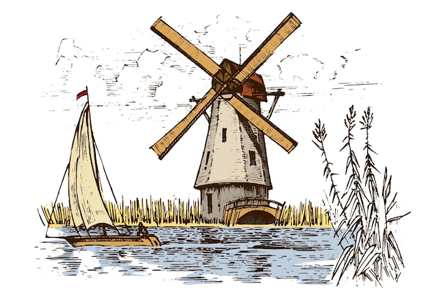 Vector een boot met een zeil en een windmolen op het water.