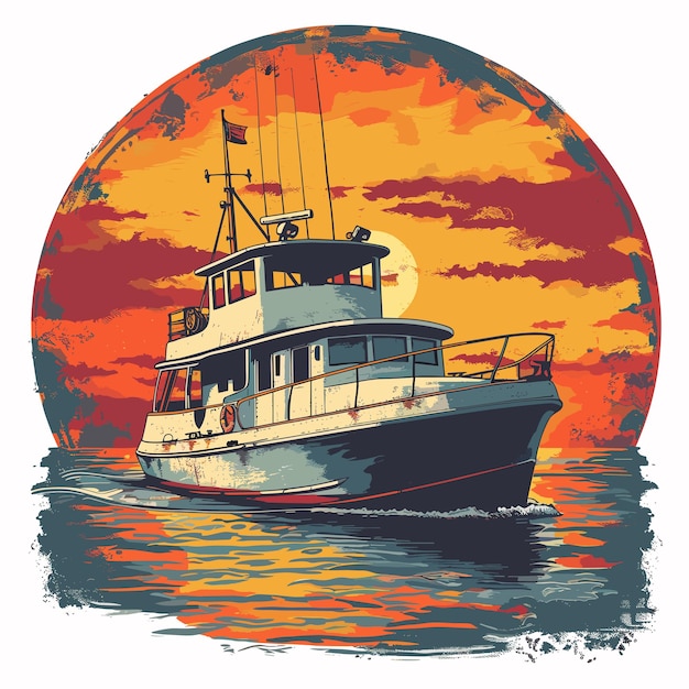 Een boot zeilt in de oceaan met een rode zon op de achtergrond