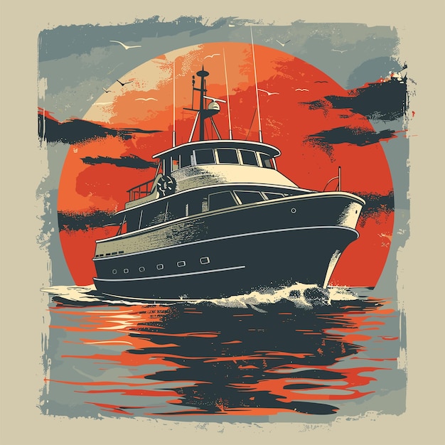 Een boot zeilt in de oceaan met een rode zon op de achtergrond