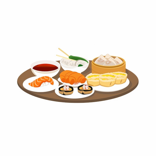 een bord met eten met een stuk sushi erop