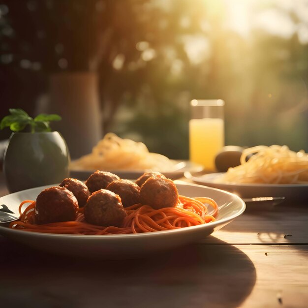 Een bord pasta en pulp op een houten tafeltop close-up foto