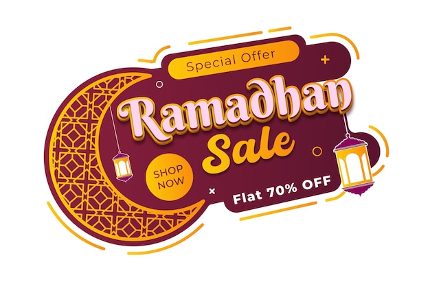 Een bord voor ramadan-verkoop met paarse achtergrond en lantaarn