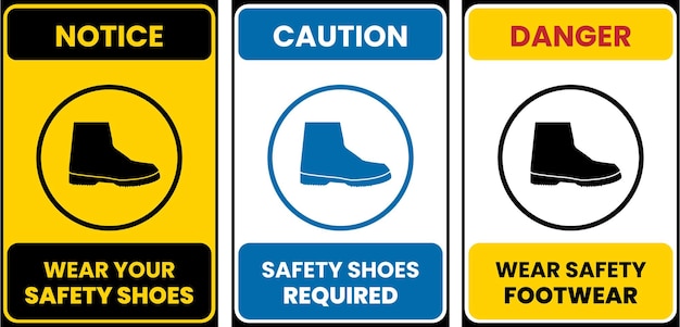 Vector een bord waarop staat dat voorzichtigheid en veiligheidsschoenen vereist zijn.
