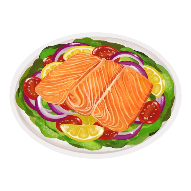 Een bord zalm met een plakje tomaat erop Vector tekening Zalmsalade