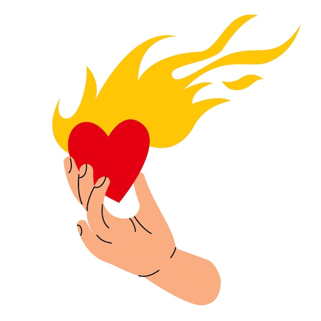Een brandend hart in mijn hand Vingers houden liefde en vlam Vector illustratie op een witte achtergrond