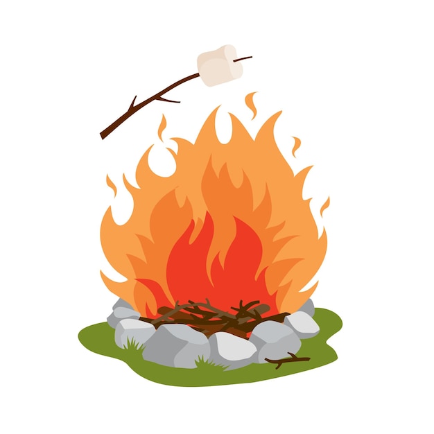 Een brandend vuur brandhout marshmallows op een houten stok vector clipart witte achtergrond