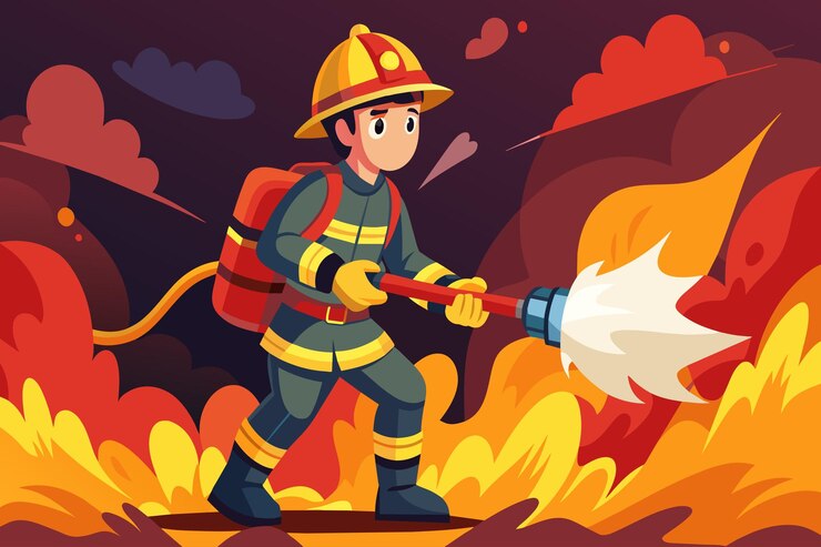 Vector een brandweerman spuit water op een brand.