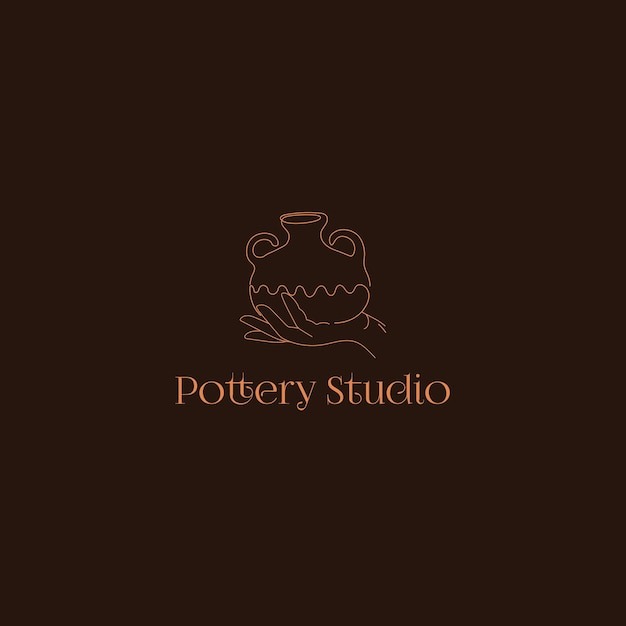 Een bruin logo voor een pottenbakkerij de pot op de hand schetsstijl