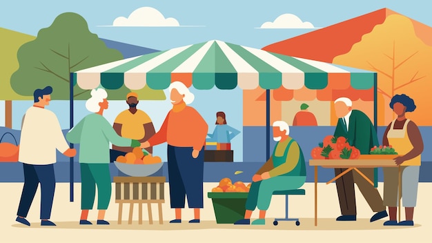 Vector een buitenmarkt met aangewezen uren voor senioren en zitplaatsen voor rustpauzes die het gemakkelijker maken