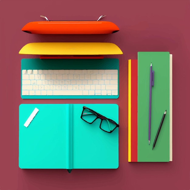 Een bureau met een boek, een toetsenbord, een boek en een pen.