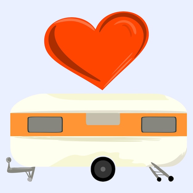 Een cartoon afbeelding van een camper met een hart erboven