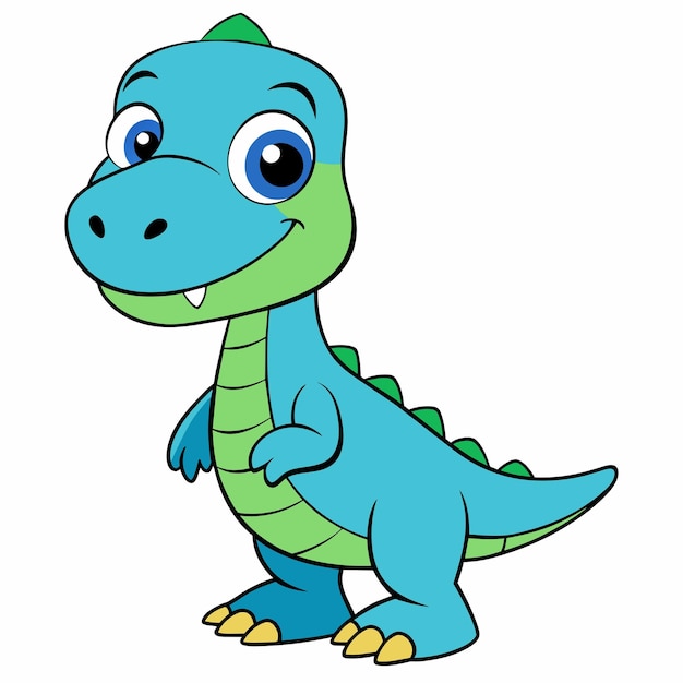 een cartoon afbeelding van een groene dinosaurus met blauwe ogen en een groen hoofd