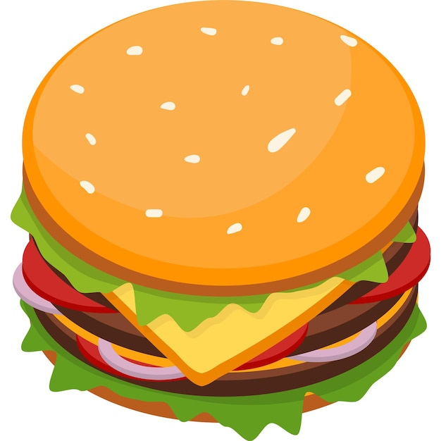 Een cartoon afbeelding van een hamburger met kaas, tomaat en sla.