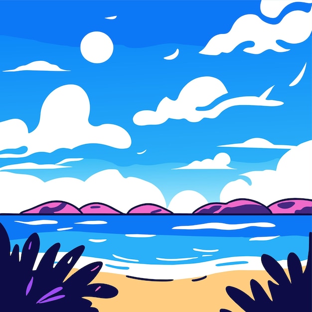 een cartoon afbeelding van een strand met een blauwe zee en een witte wolk vector illustratie